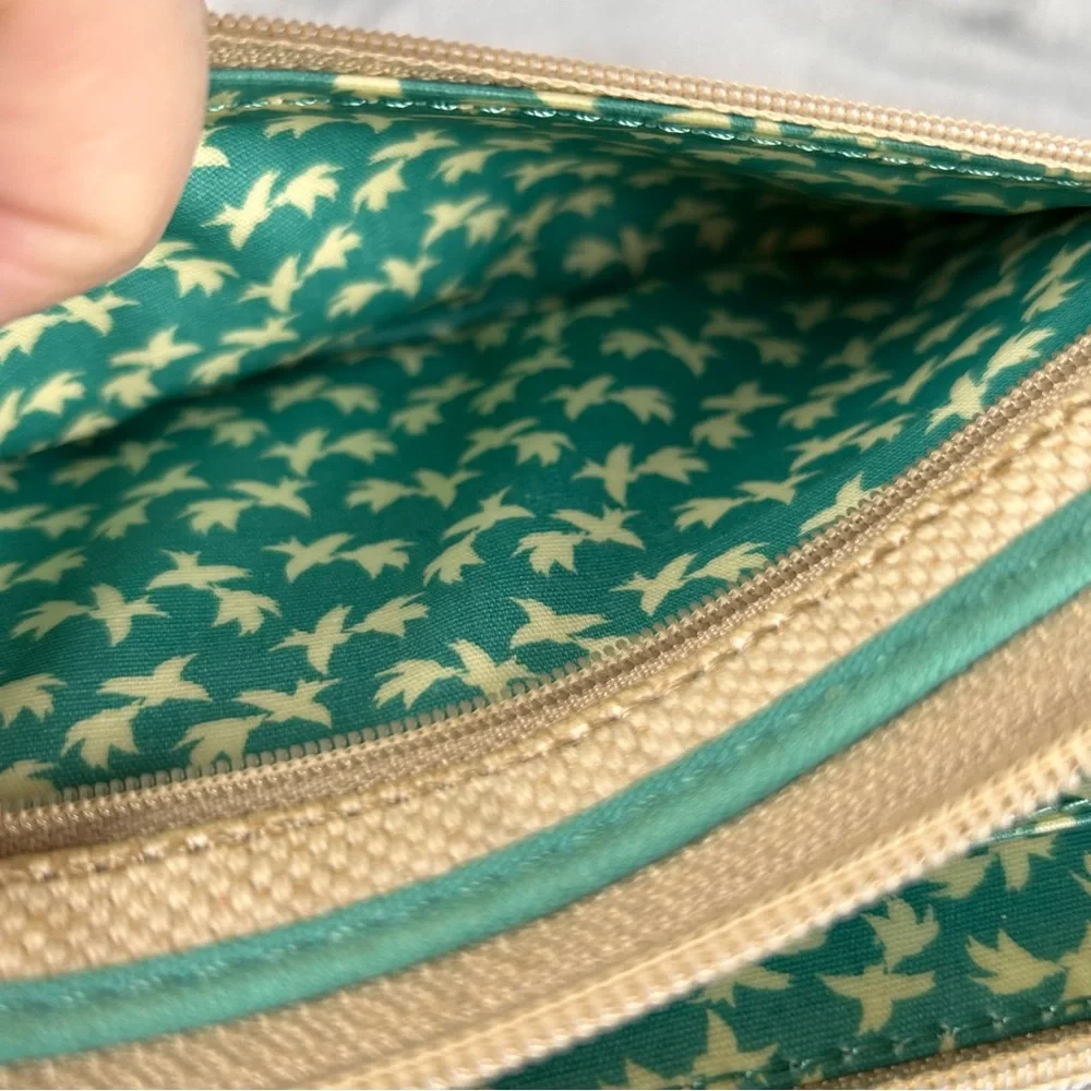 Fossil Zip‎ Around Woven Canvas Wallet Polka Dots Beige Tan With Turquoise Flaws
